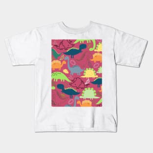 Dinosaur doodle dark pink background Kids T-Shirt